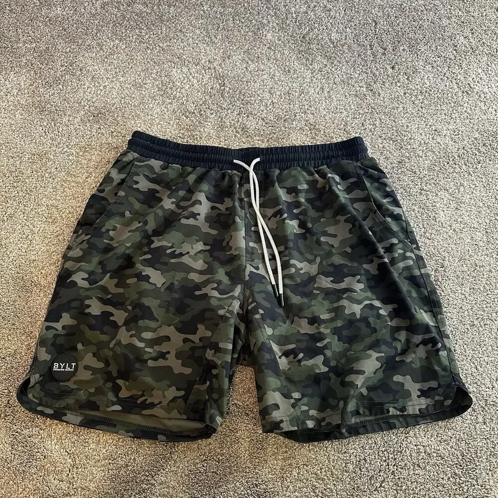 Bylt Shorts Mens XL Camo Green Premium Basics Training Gym Lined Elastic Waist